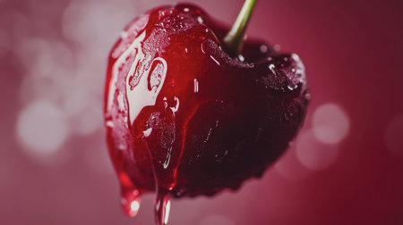 A macro shot of red cherry juice dripping from a bitten cherry.の素材