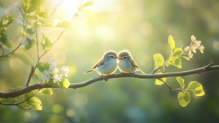 A playful scene of two little birds snuggling together on a tree branch, surrounded by soft morning light and gentle foliage.の素材