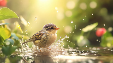 A playful scene of a little bird balancing on a picnic table, surrounded by delicious summer fruits.の素材