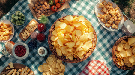 A picnic table covered with snacks, featuring potato chips as the centerpiece.の素材