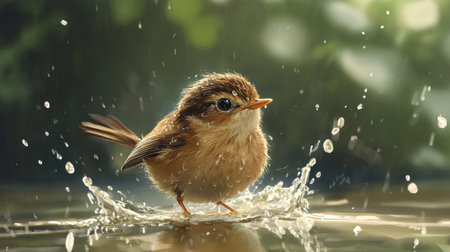 A playful scene of a little bird balancing on a picnic table, surrounded by delicious summer fruits.の素材