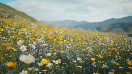 A picturesque view of wildflowers in full bloom against a backdrop of a clear sky, emphasizing the natural beauty of the landscape.の素材