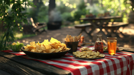 A picnic table covered with snacks, featuring potato chips as the centerpiece.の素材
