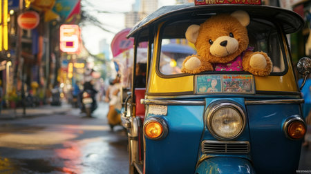 A playful image of a tuk-tuk with a large stuffed animal in the passenger seat, adding a fun and whimsical touch to the scene.の素材