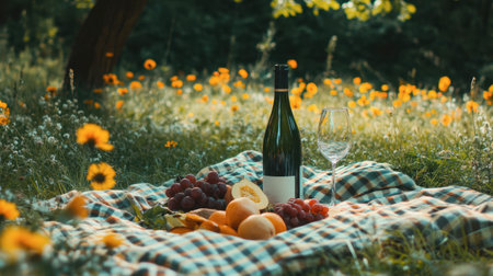 A romantic picnic setting among wildflowers, with a checkered blanket, fresh fruits, and a bottle of wine, creating a cozy outdoor atmosphere.の素材