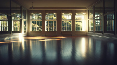 An empty dance studio with wide mirrors and rich dark oak parquet flooring, ready for ballet practice.の素材