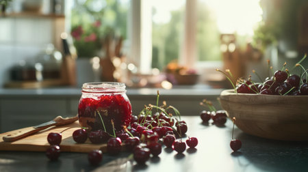 Red cherries and a jar of homemade cherry jam on a kitchen counter.の素材