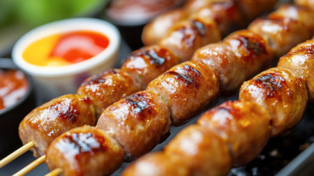 Ham sausages on skewers, grilled to perfection and served with a variety of dipping sauces, perfect for a party or BBQ.の素材