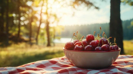Red cherries in a bowl on a picnic table, with a sunny summer background.の素材