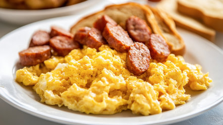 Ham sausage served with scrambled eggs, hash browns, and toast for a classic diner-style breakfast.の素材