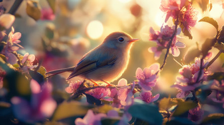 A vibrant image of a little bird amidst blooming flowers, with sunlight illuminating its feathers.の素材