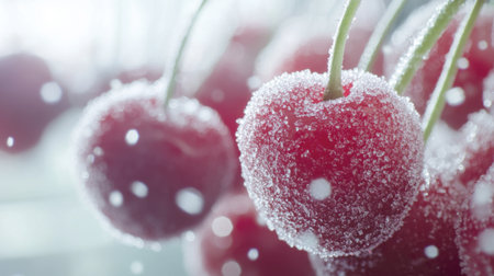 Red cherries dipped in sugar crystals, creating a frosty appearance.の素材