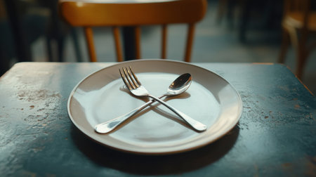 A shiny spoon and fork crossed on an empty plate, symbolizing a finished meal in a cozy restaurant.の素材