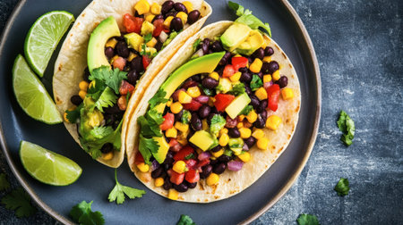 A vibrant vegetarian taco with black beans, avocado, and corn salsa, served with lime wedges.の素材