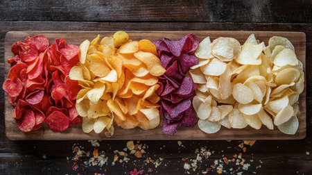 A selection of gourmet potato chips in various flavors laid out on a wooden serving board.の素材