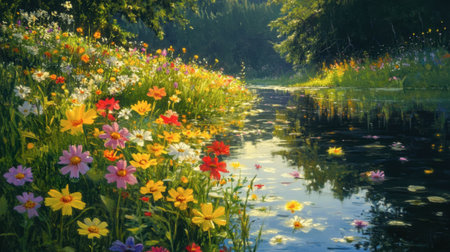 A serene view of wildflowers blooming along a riverbank, with gentle ripples reflecting the colors of the flowers and the peaceful environment.の素材