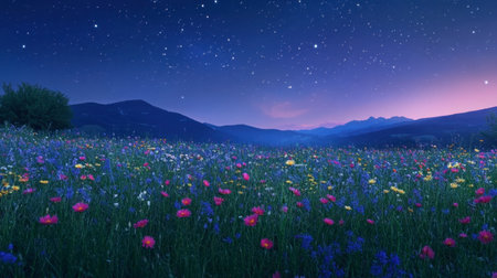 A serene view of a wildflower field under a starry night sky, capturing the beauty of nature even after the sun goes down.の素材