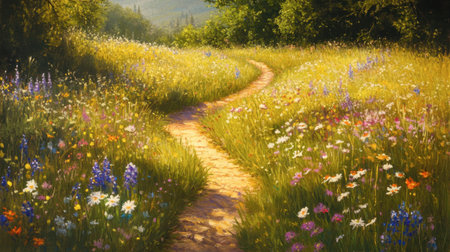 A winding trail through a wildflower meadow, with footsteps leading into the vibrant scene, inviting viewers to explore nature's beauty.の素材