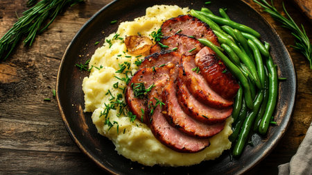 A simple yet delicious dish of ham sausage slices served with mashed potatoes and green beans, on a rustic wooden table.の素材