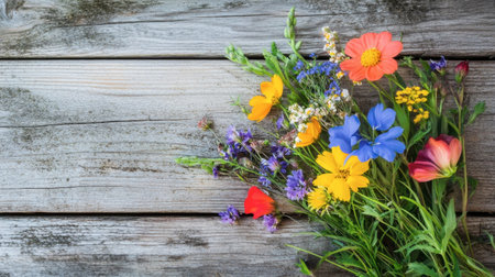 A vibrant wildflower arrangement placed on a rustic wooden table, showcasing the beauty of nature in a home decor setting.の素材