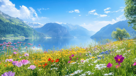 A vibrant wildflower meadow with a clear blue lake in the background, creating a stunning contrast of colors and showcasing the beauty of nature.の素材