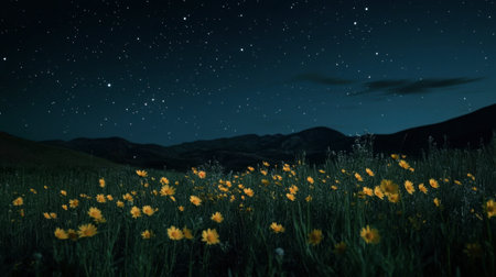 A serene view of a wildflower field under a starry night sky, capturing the beauty of nature even after the sun goes down.の素材