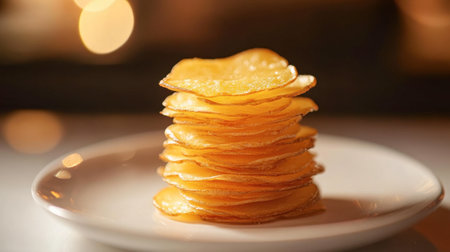 A stack of perfectly crisp potato chips on a white plate, glowing under soft lighting.の素材