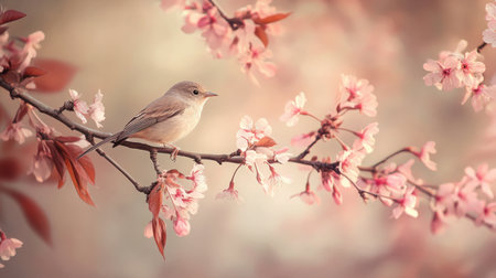 A tiny bird perched on a blooming cherry blossom branch, highlighting the delicate beauty of springtime.の素材
