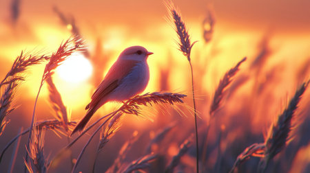 A stunning image of a little bird perched on a golden wheat stalk, with a soft sunset in the background.の素材