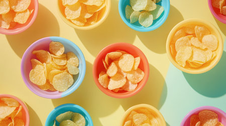 A top-down view of various flavors of potato chips in colorful bowls at a party.の素材