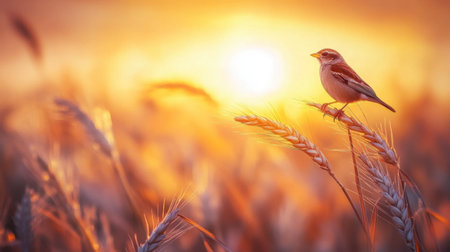 A stunning image of a little bird perched on a golden wheat stalk, with a soft sunset in the background.の素材