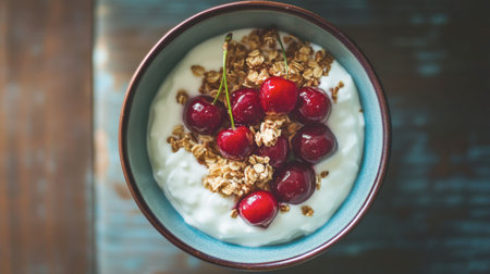 A top-down view of a breakfast bowl with yogurt, granola, and red cherries as toppings.の素材
