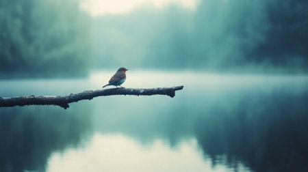 A tranquil image of a little bird resting on a branch near a calm lake, reflecting the serenity of nature.の素材