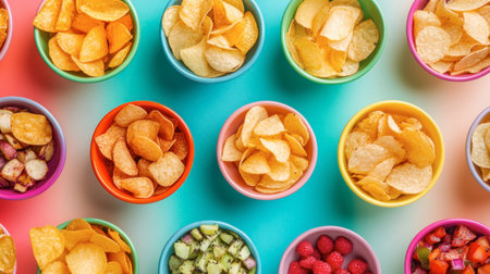 A top-down view of various flavors of potato chips in colorful bowls at a party.の素材