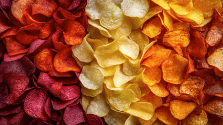 A vibrant assortment of flavored potato chips, including barbecue, sour cream, and cheese varieties.の素材