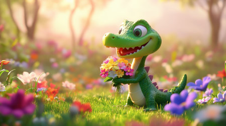 A joyful cartoon dinosaur holds a bouquet of flowers in a vibrant, colorful field. This playful scene captures the essence of spring and warmth.の素材