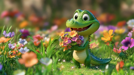 A cheerful cartoon reptile holds a colorful bouquet among vibrant flowers in a lush green field, embodying happiness and playful nature.の素材