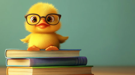 An adorable yellow chick wearing glasses sits atop a stack of colorful books, embodying the spirit of learning with a cheerful and playful demeanor.の素材