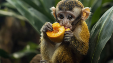 A cute monkey enjoys a delicious piece of fruit amidst lush greenery, showcasing its playful nature and vibrant colors in a serene setting.の素材