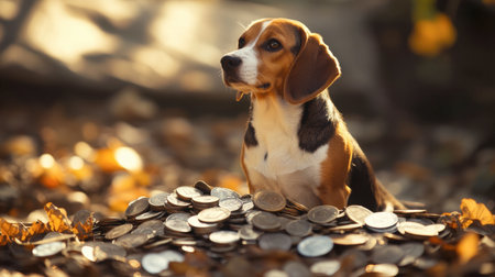 A charming beagle dog sits peacefully among a pile of coins in a vibrant autumn setting. The warm colors and cozy atmosphere create a delightful scene.の素材