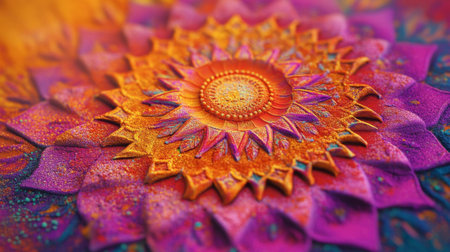 A vibrant mandala pattern featuring intricate details in bright orange, pink, and purple hues. Perfect for art, decoration, and relaxation themes.の素材