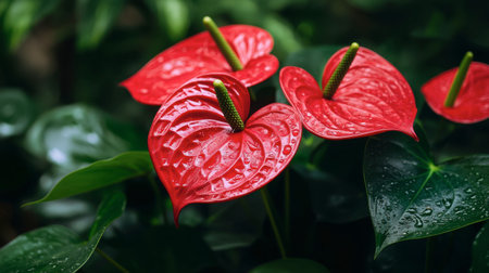 Beautiful red flowers with heart-shaped petals glisten with raindrops, surrounded by lush green leaves, creating a serene and vibrant garden scene.の素材