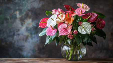 A stunning bouquet of vibrant anthurium flowers in a clear glass vase. This beautiful arrangement showcases a mix of colors, perfect for home decoration or special occasions.の素材