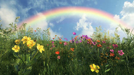 A vibrant landscape featuring colorful flowers flourishing under a bright rainbow in a clear sky, creating a picturesque and peaceful outdoor scene.の素材