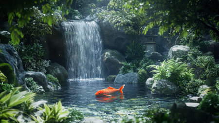 A serene waterfall cascades into a calm pond, featuring a vibrant koi fish. Surrounded by lush greenery and rocks, this idyllic scene evokes tranquility and nature's beauty.の素材