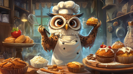 A delightful owl chef prepares a variety of scrumptious treats in a cozy bakery, showcasing creativity and charm in a whimsical kitchen setting.の素材