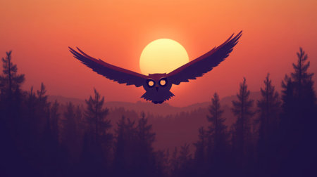 A stunning silhouette of an owl in flight against a vibrant sunset, showcasing a blend of warm colors over a serene forest landscape. Perfect for nature lovers.の素材