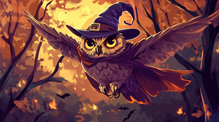 A captivating owl wearing a witch hat soars through a mystical autumn forest at dusk, surrounded by vibrant colors and a whimsical atmosphere perfect for Halloween.の素材