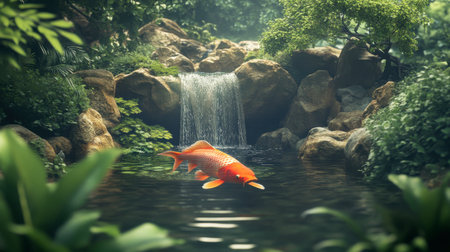 A vibrant koi fish swims peacefully in a tranquil garden pond, surrounded by lush greenery and a gentle waterfall, creating a serene natural oasis.の素材
