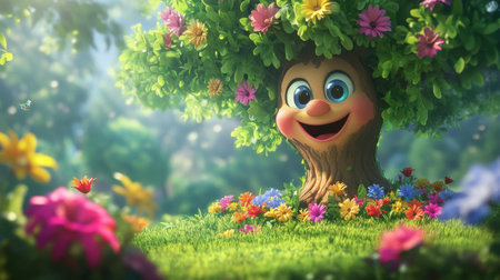 A joyful tree character with a smiling face surrounded by colorful flowers in a vibrant, sunlit forest, perfect for children's themes and nature stories.の素材